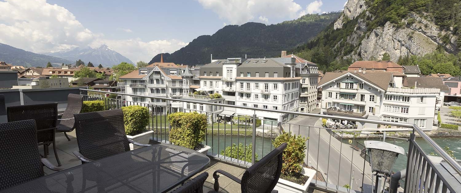View from the Penthouse lounge of Alplodge hostel in Interlaken, Switzerland